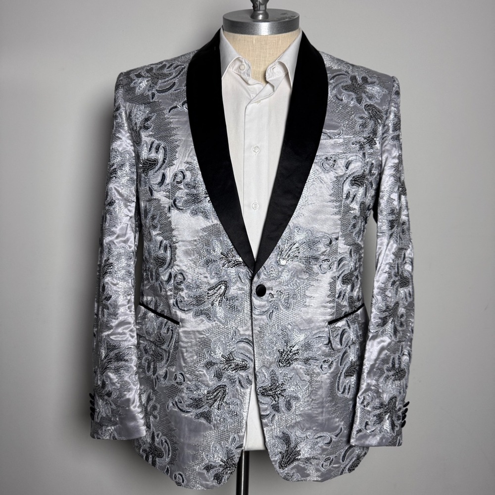 Vinci Philosophy Tuxedo Blazer Mens 42R Silver Floral Jacquard Shawl Lapel